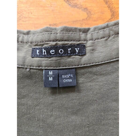 Theory Linen Blend Shirt Womens Medium Long Sleeve Button Up Army Green - Picture 3 of 7